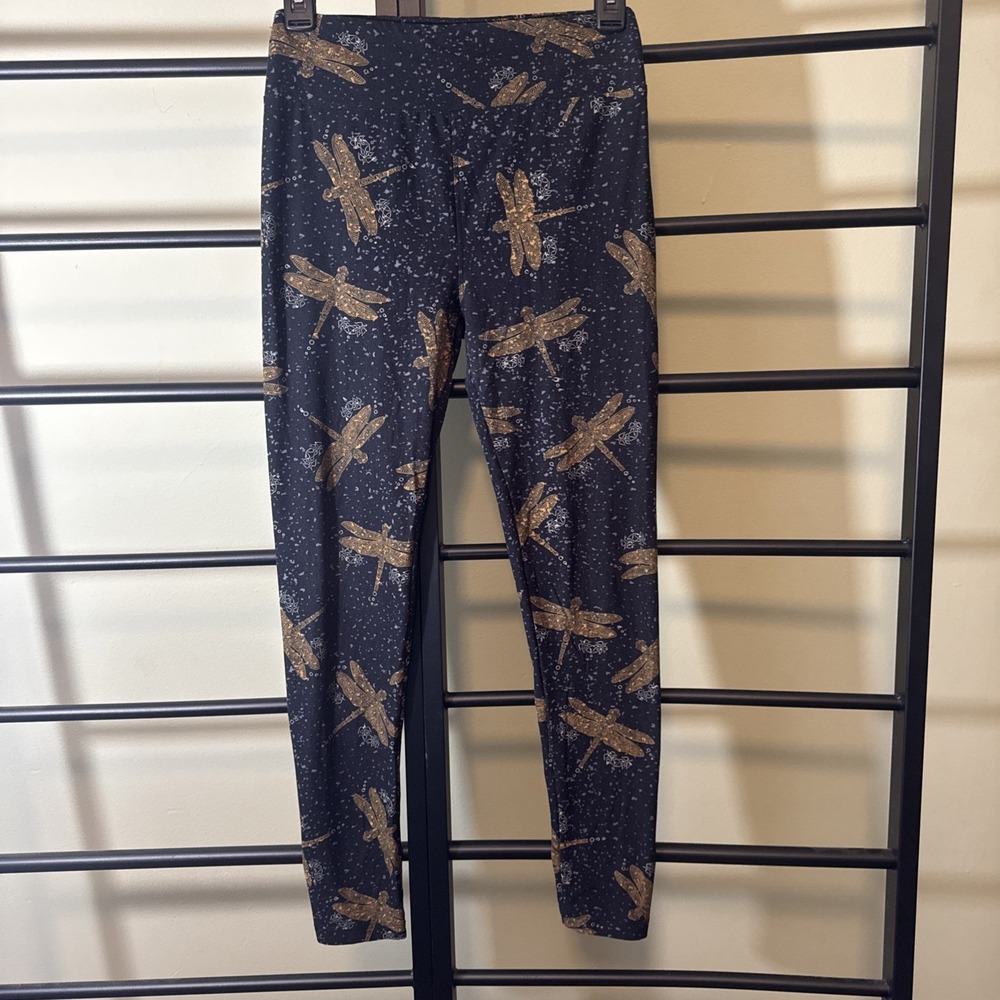 LuLaRoe Dragonfly Print Leggings Black Yoga Pants Stretch One Size